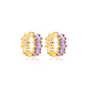 Amethyst Cz Stone Baguette Handmade Silver Hoop Earrings