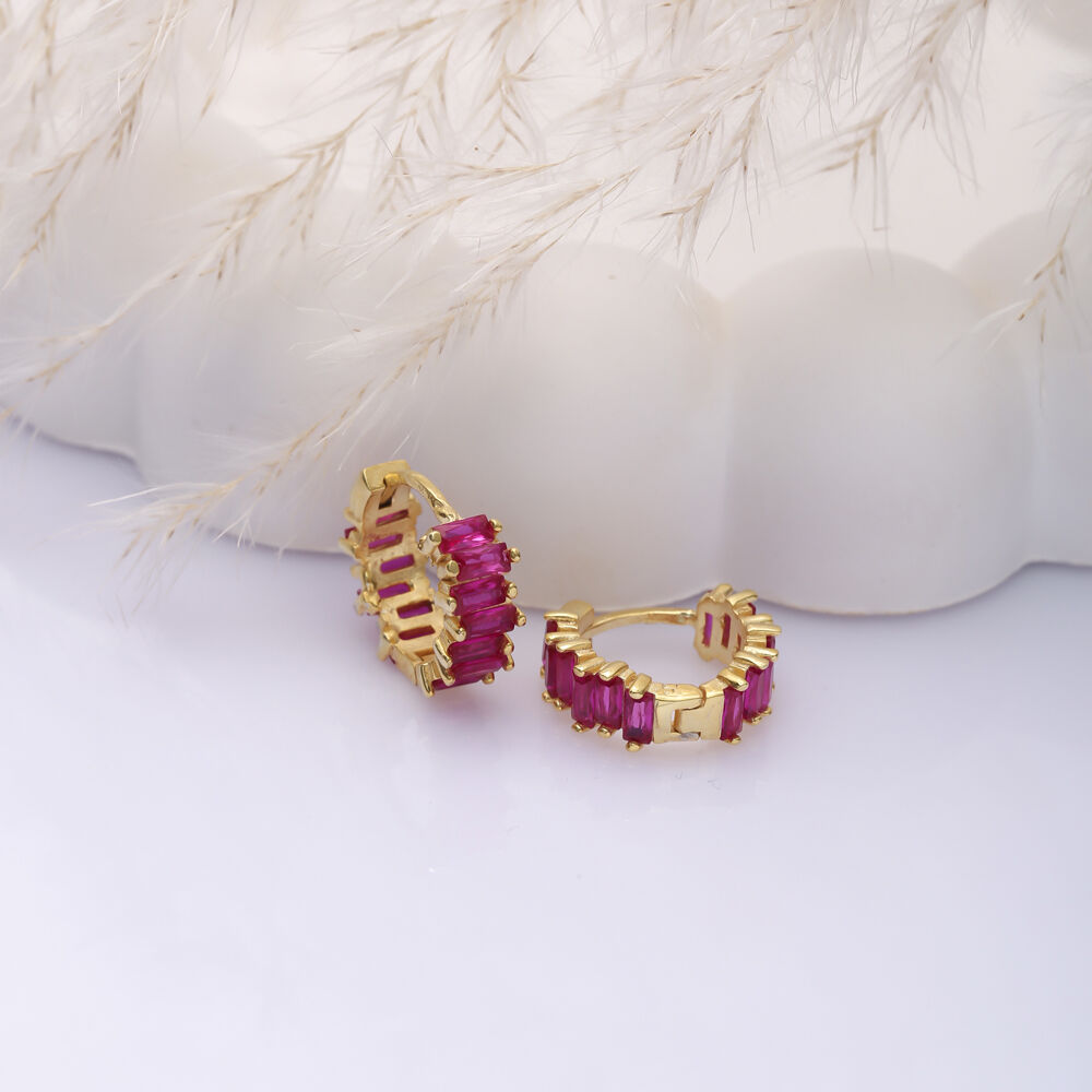 Ruby CZ Stone Baguette Wholesale Silver Hoop Earrings