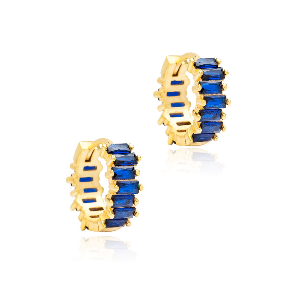 Sapphire CZ Stone Baguette Wholesale Silver Hoop Earrings