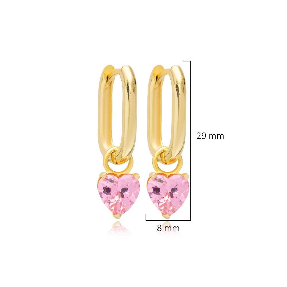 Pink CZ Heart Shape Handmade Silver Dangle Earrings