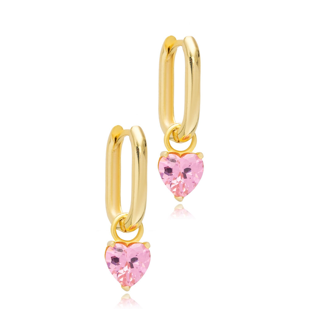 Pink CZ Heart Shape Handmade Silver Dangle Earrings