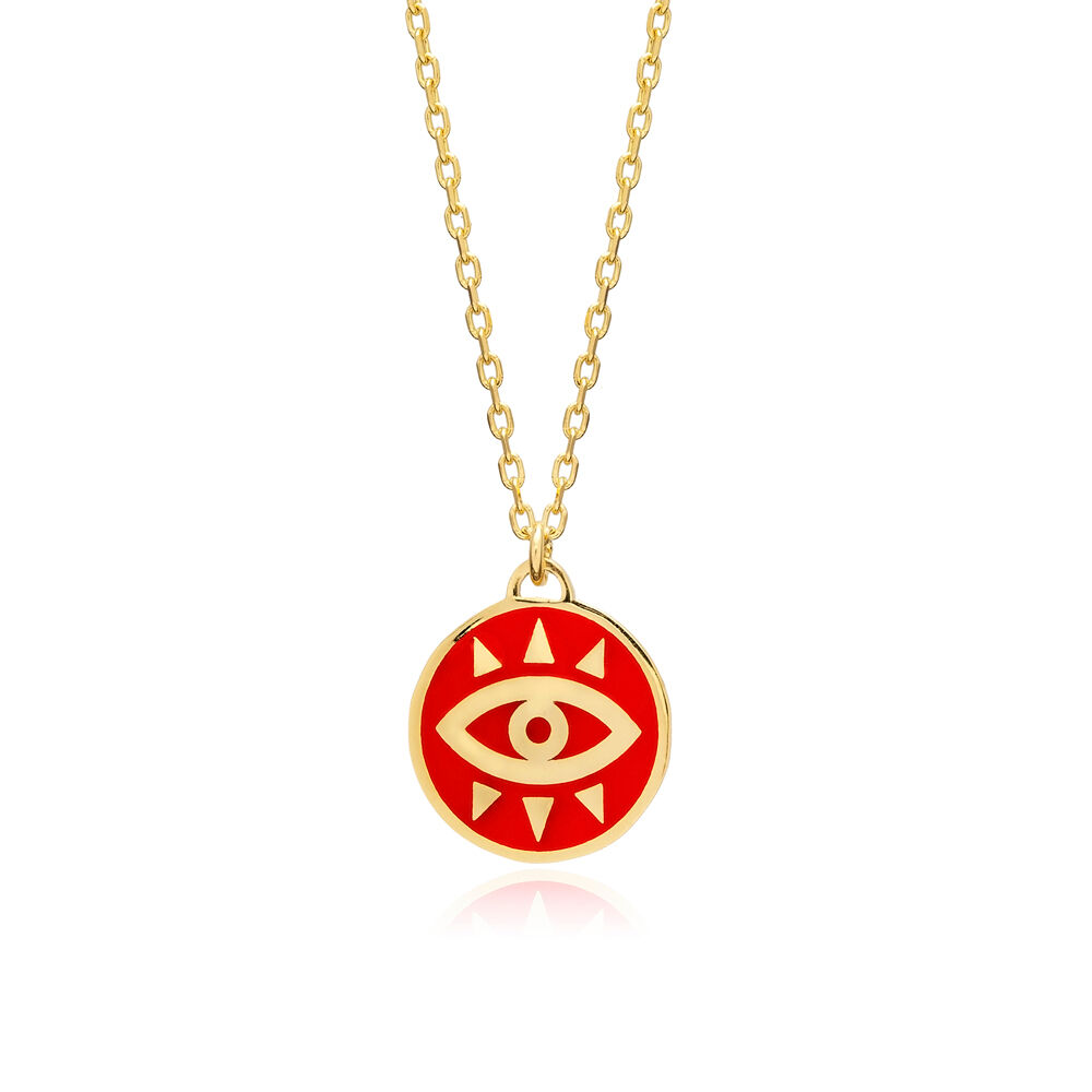 Round Red Enamel Evil Eye Pendant Sterling Silver Jewelry