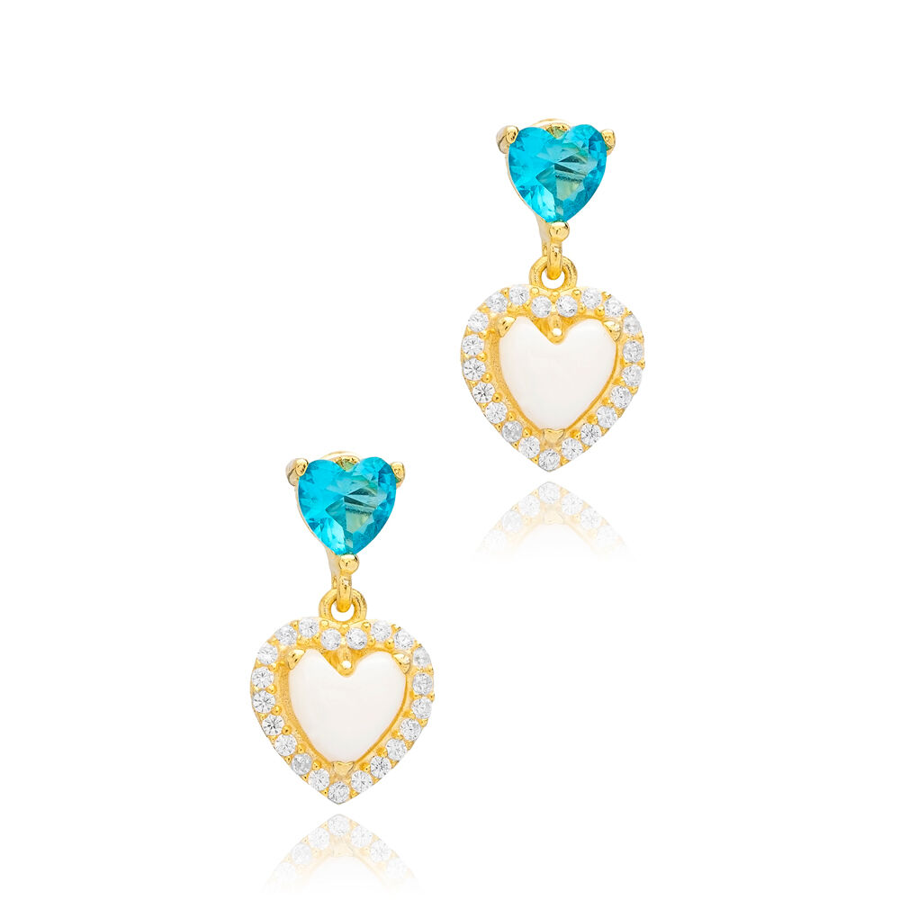 Heart Aquamarine CZ and Mother of Pearl Silver Stud Earrings