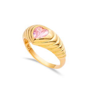 Pink CZ Stone Heart Design Elegant 925 Silver Cluster Ring