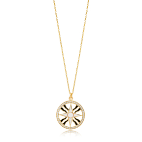 White Enamel CZ Stone Compass Design Silver Charm Necklace