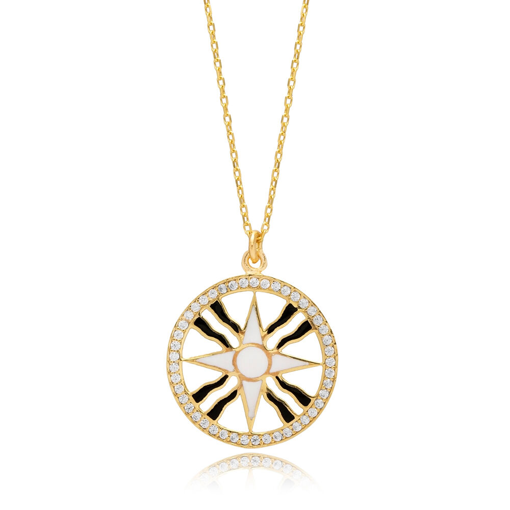 White Enamel CZ Stone Compass Design Silver Charm Necklace