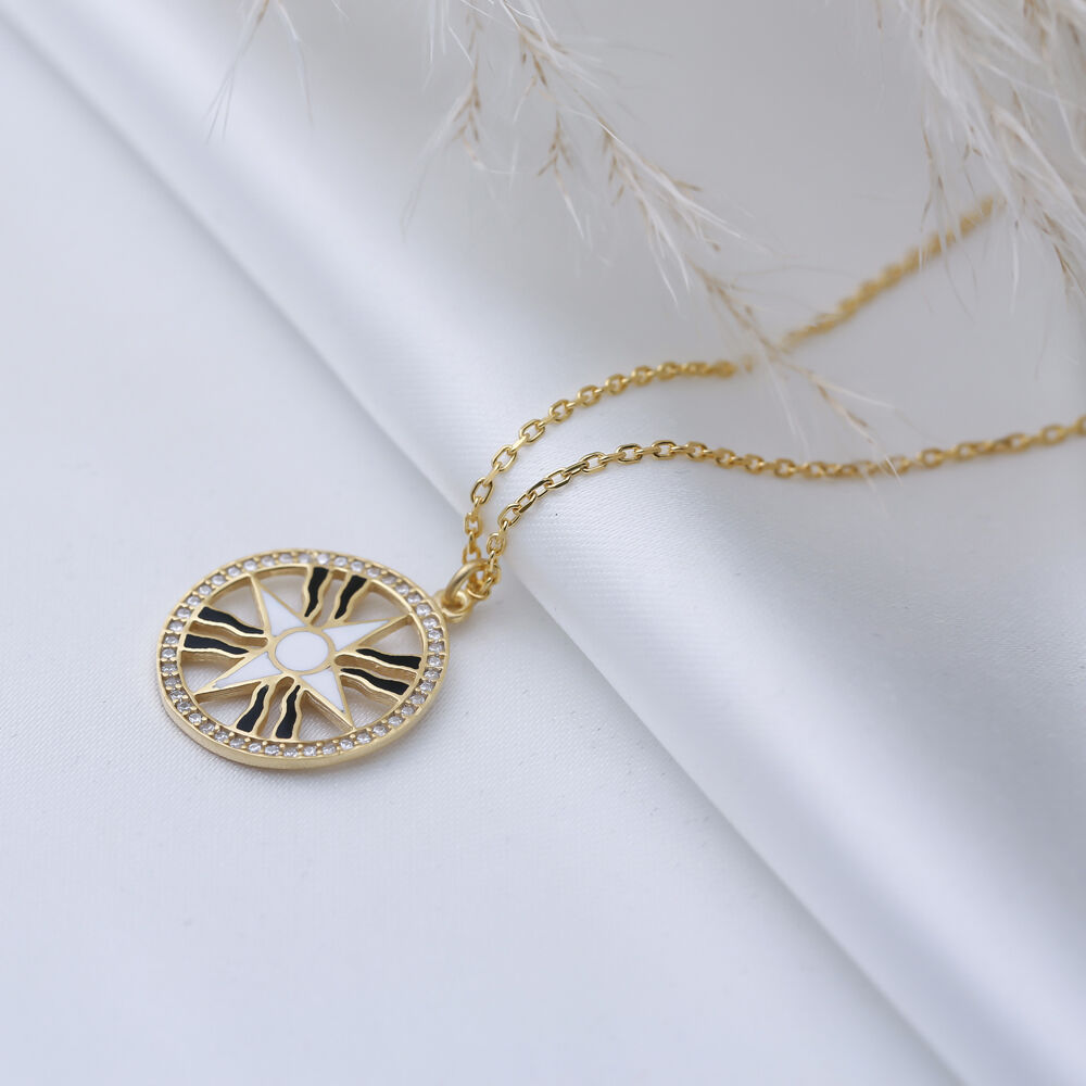 White Enamel CZ Stone Compass Design Silver Charm Necklace