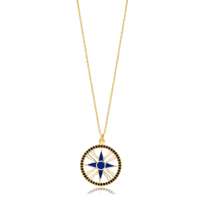 Dark Blue Enamel CZ Compass Design Silver Charm Necklace