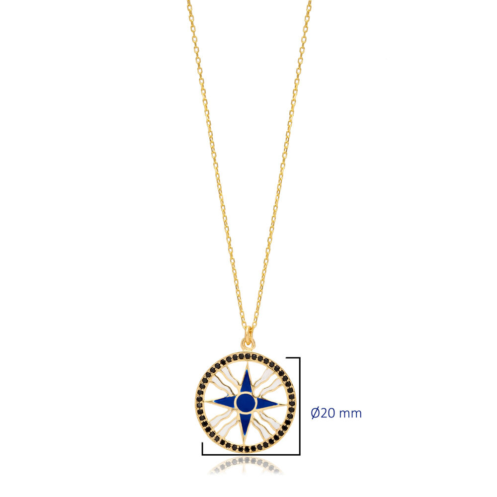 Dark Blue Enamel CZ Compass Design Silver Charm Necklace