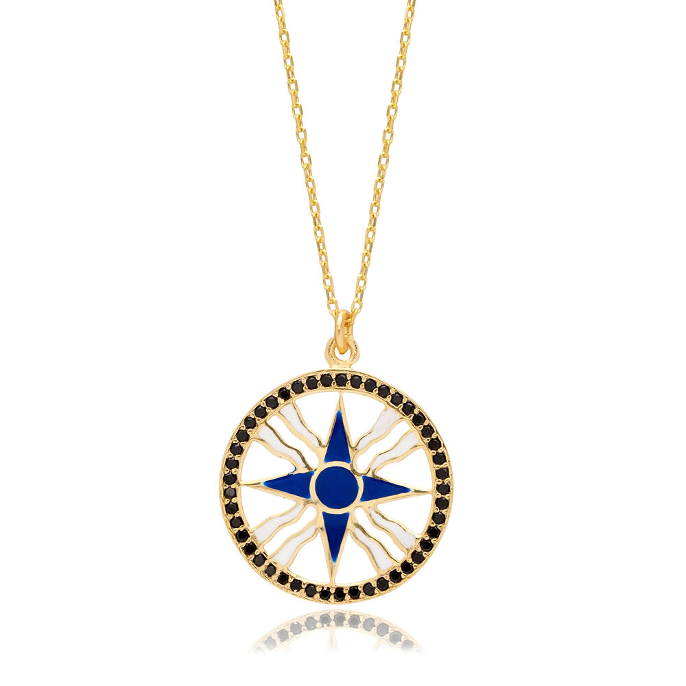 Dark Blue Enamel CZ Compass Design Silver Charm Necklace