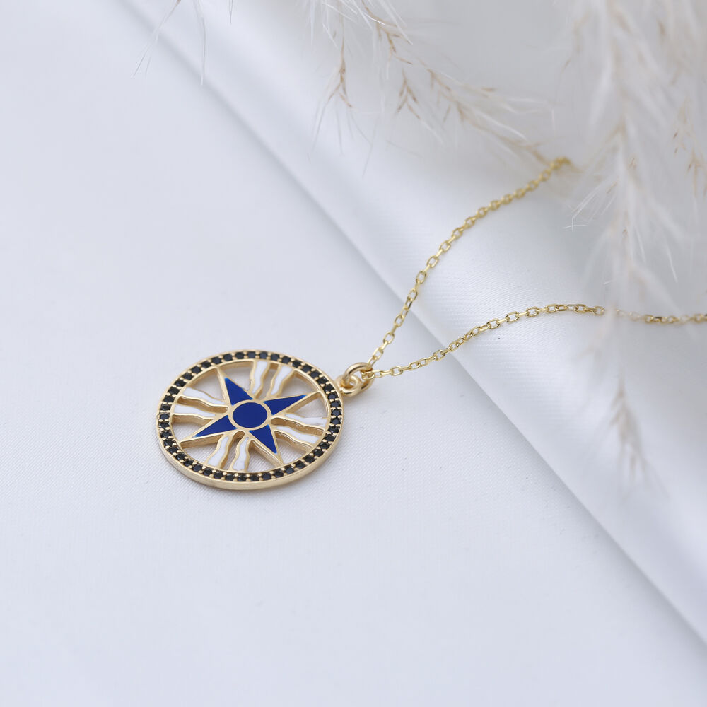 Dark Blue Enamel CZ Compass Design Silver Charm Necklace