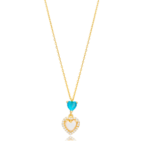 Mother of Pearl Heart Design Aquamarine CZ Silver Necklace