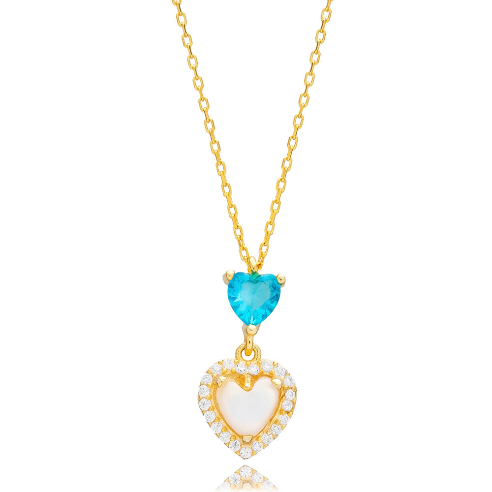 Mother of Pearl Heart Design Aquamarine CZ Silver Necklace