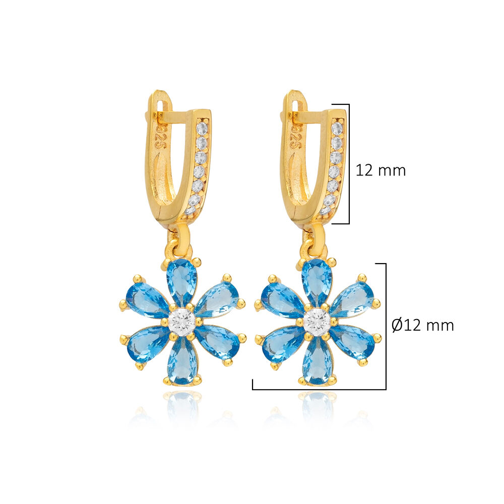 Aquamarine CZ Stone Flower Design Silver Dangle Earrings