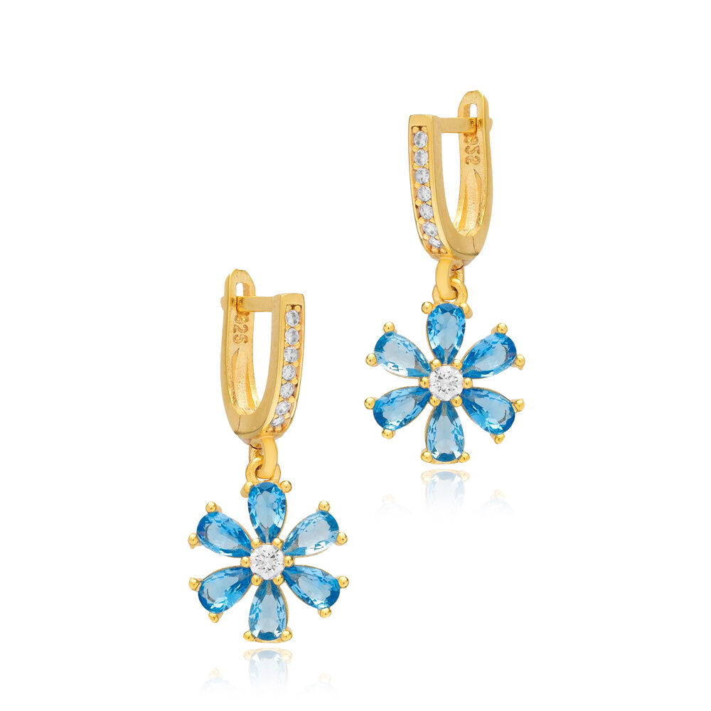 Aquamarine CZ Stone Flower Design Silver Dangle Earrings