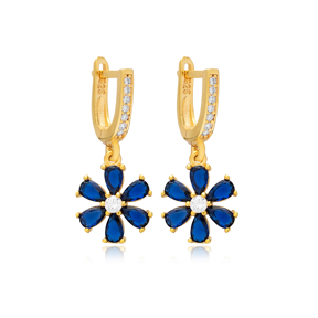 Sapphire CZ Stone Flower Design Silver Dangle Earrings