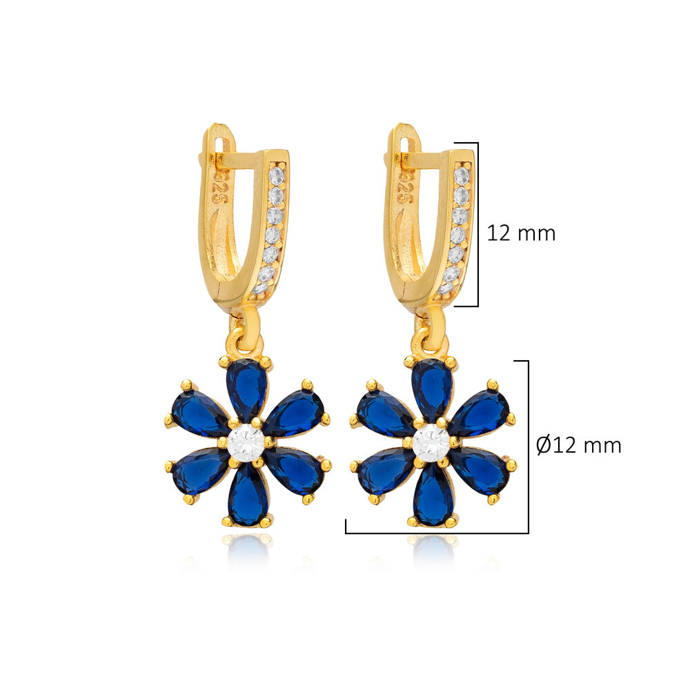 Sapphire CZ Stone Flower Design Silver Dangle Earrings