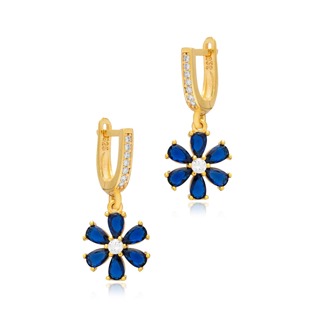 Sapphire CZ Stone Flower Design Silver Dangle Earrings