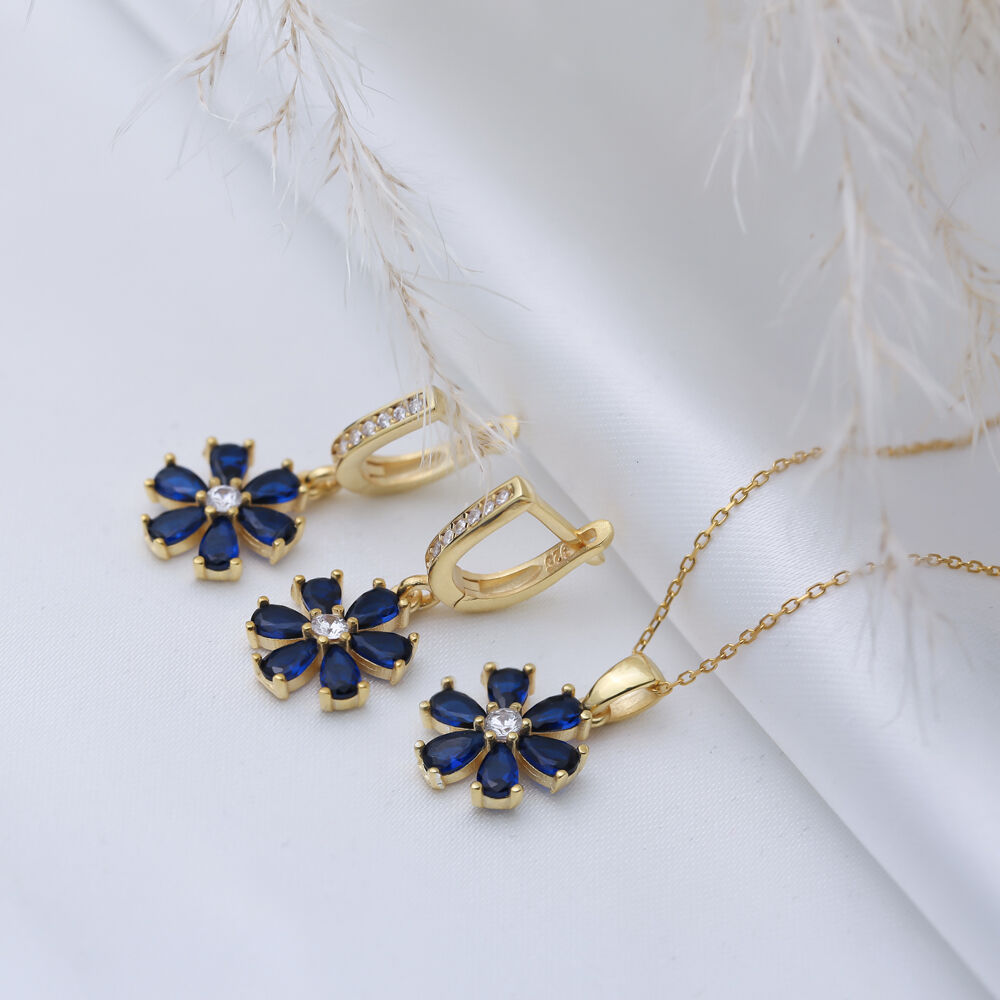 Sapphire CZ Stone Flower Design Silver Dangle Earrings