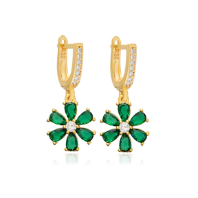 Emerald CZ Stone Flower Design Silver Dangle Earrings