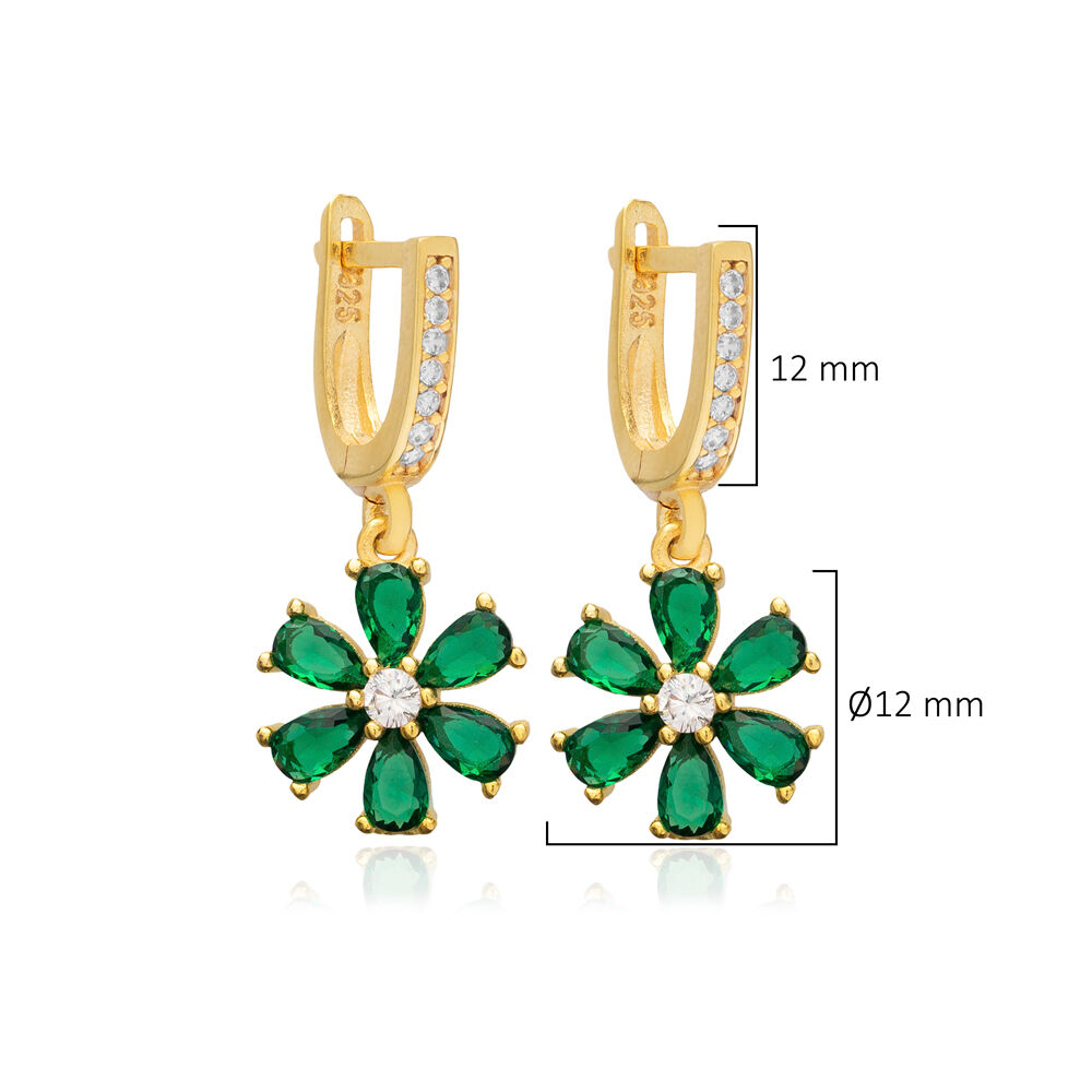 Emerald CZ Stone Flower Design Silver Dangle Earrings