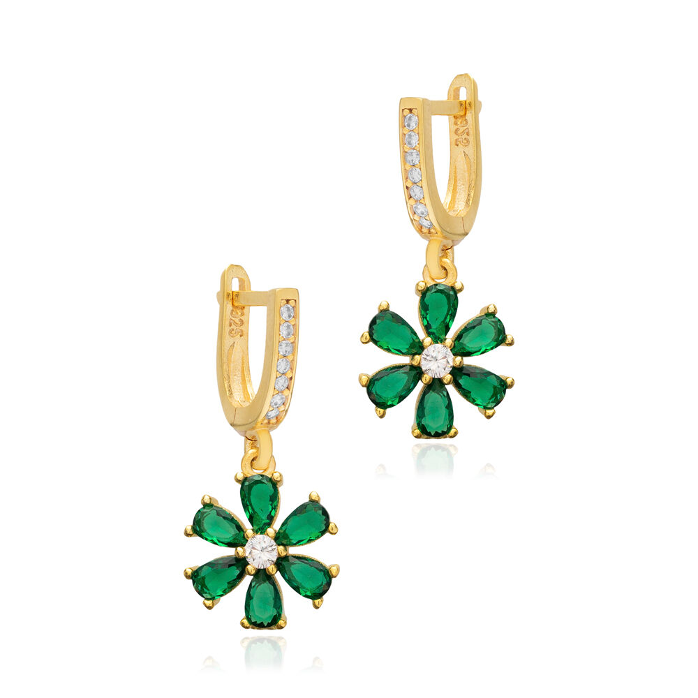 Emerald CZ Stone Flower Design Silver Dangle Earrings