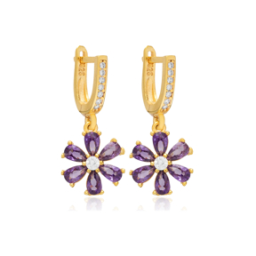 Amethyst CZ Stone Flower Design Turkish Silver Dangle Earrings