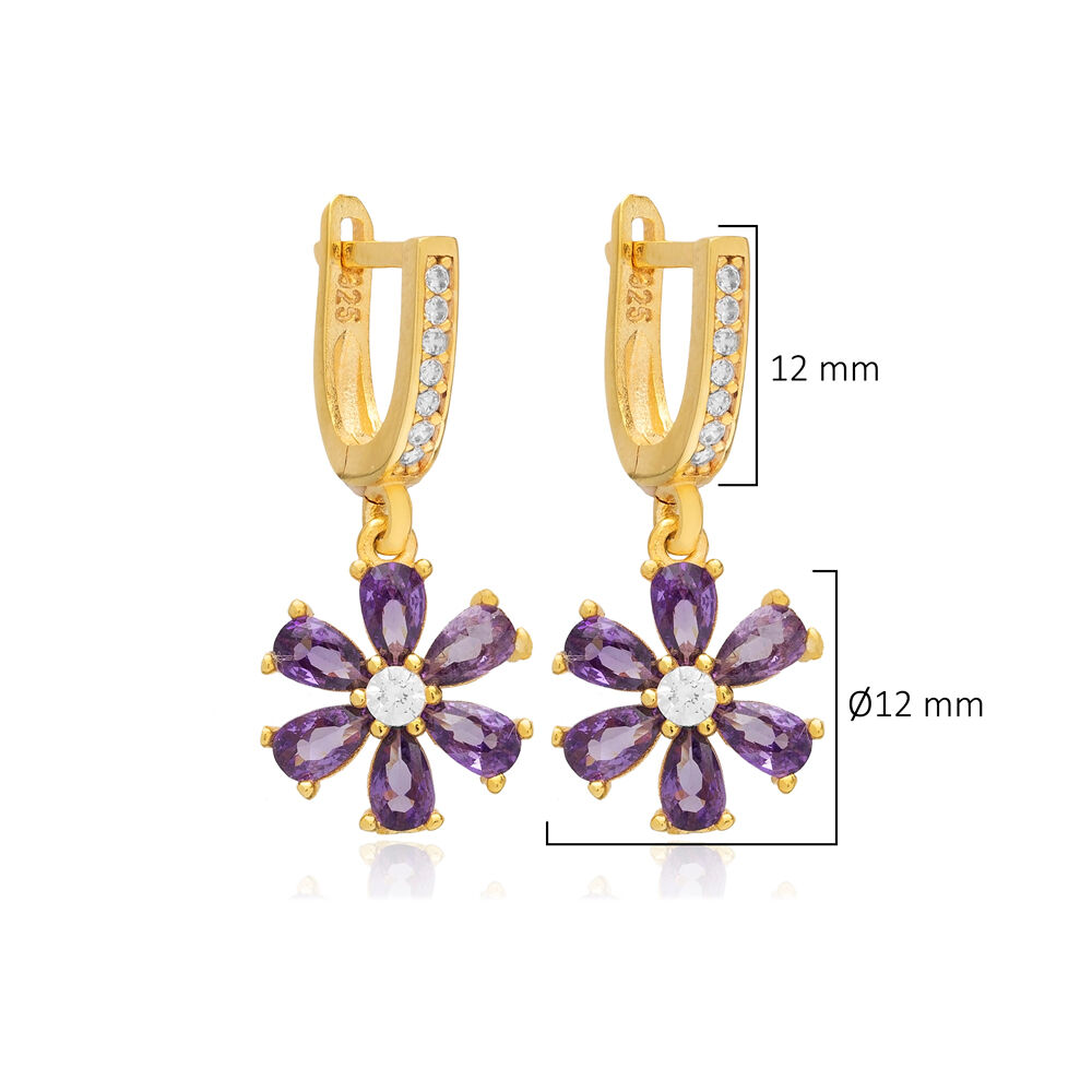 Amethyst CZ Stone Flower Design Turkish Silver Dangle Earrings