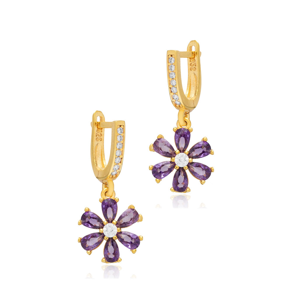 Amethyst CZ Stone Flower Design Turkish Silver Dangle Earrings