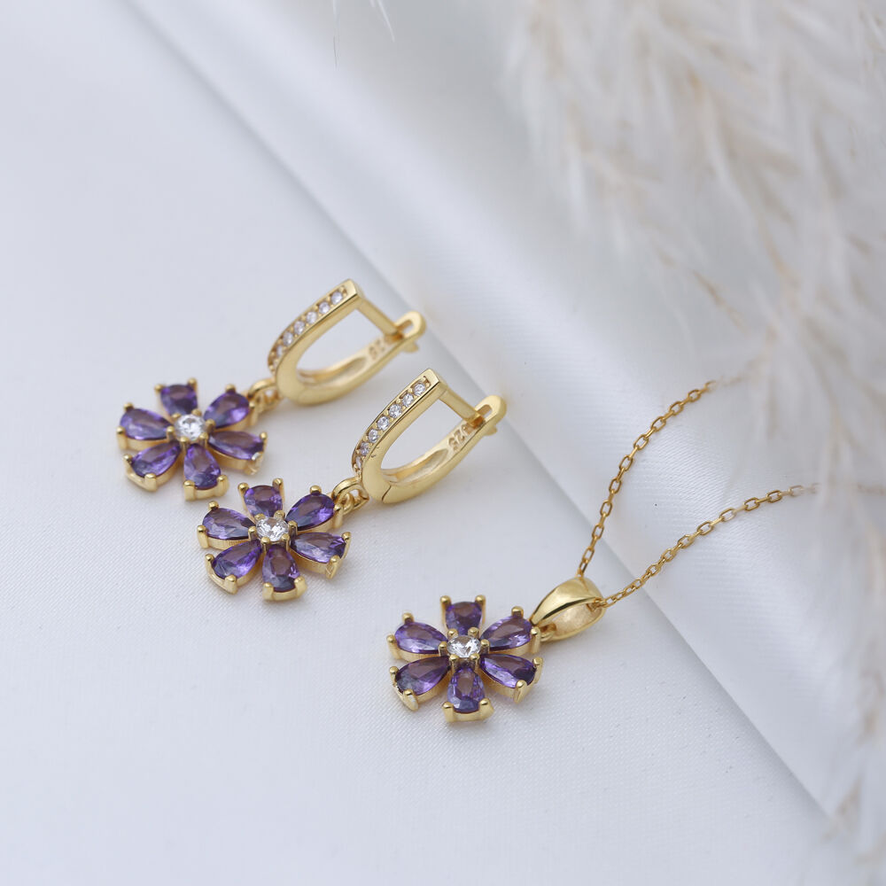 Amethyst CZ Stone Flower Design Turkish Silver Dangle Earrings