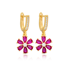 Ruby CZ Stone Flower Design Turkish Silver Dangle Earrings