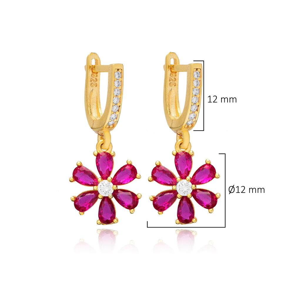 Ruby CZ Stone Flower Design Turkish Silver Dangle Earrings