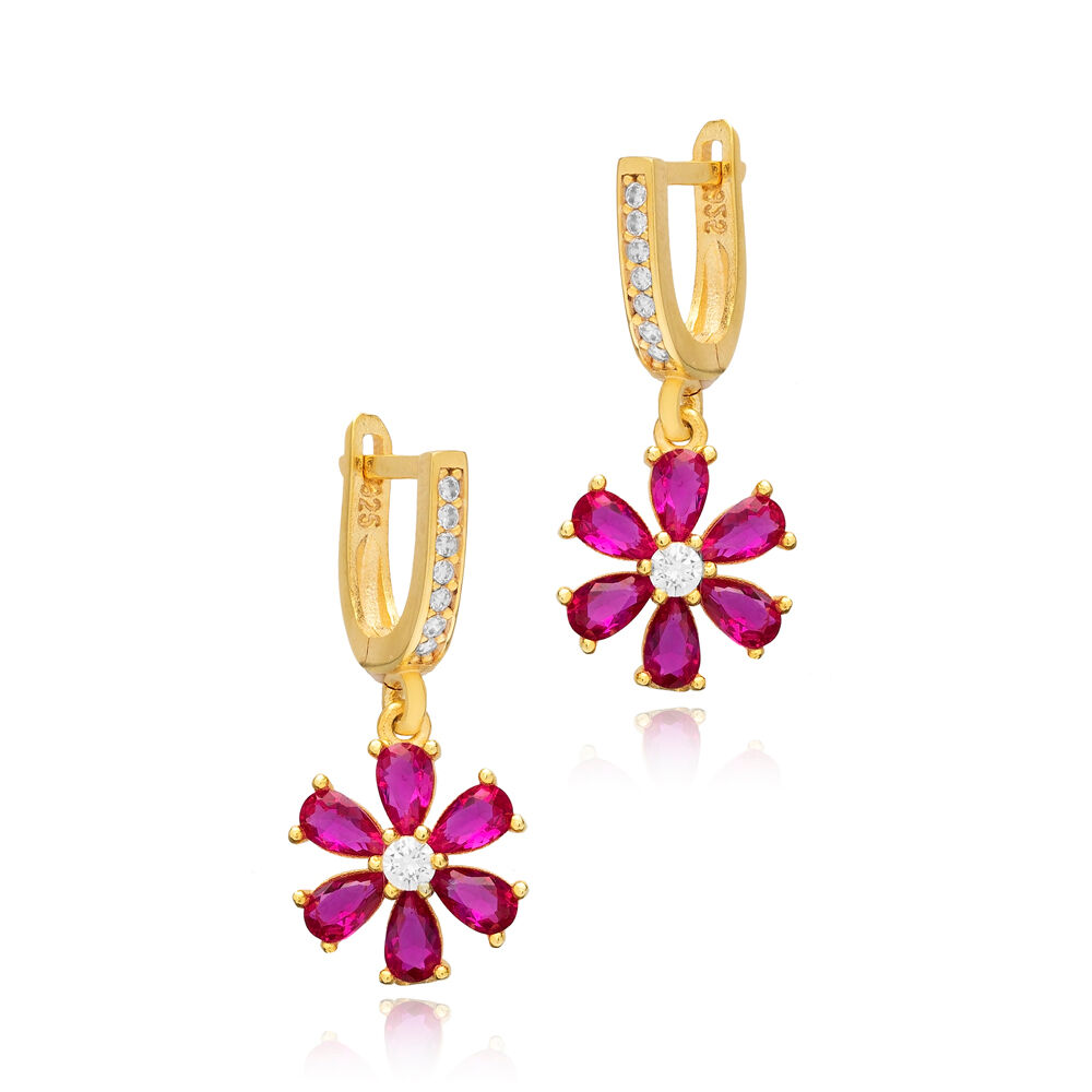 Ruby CZ Stone Flower Design Turkish Silver Dangle Earrings