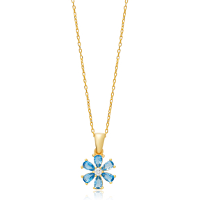 Aquamarine CZ Stone Flower Design Charm Necklace