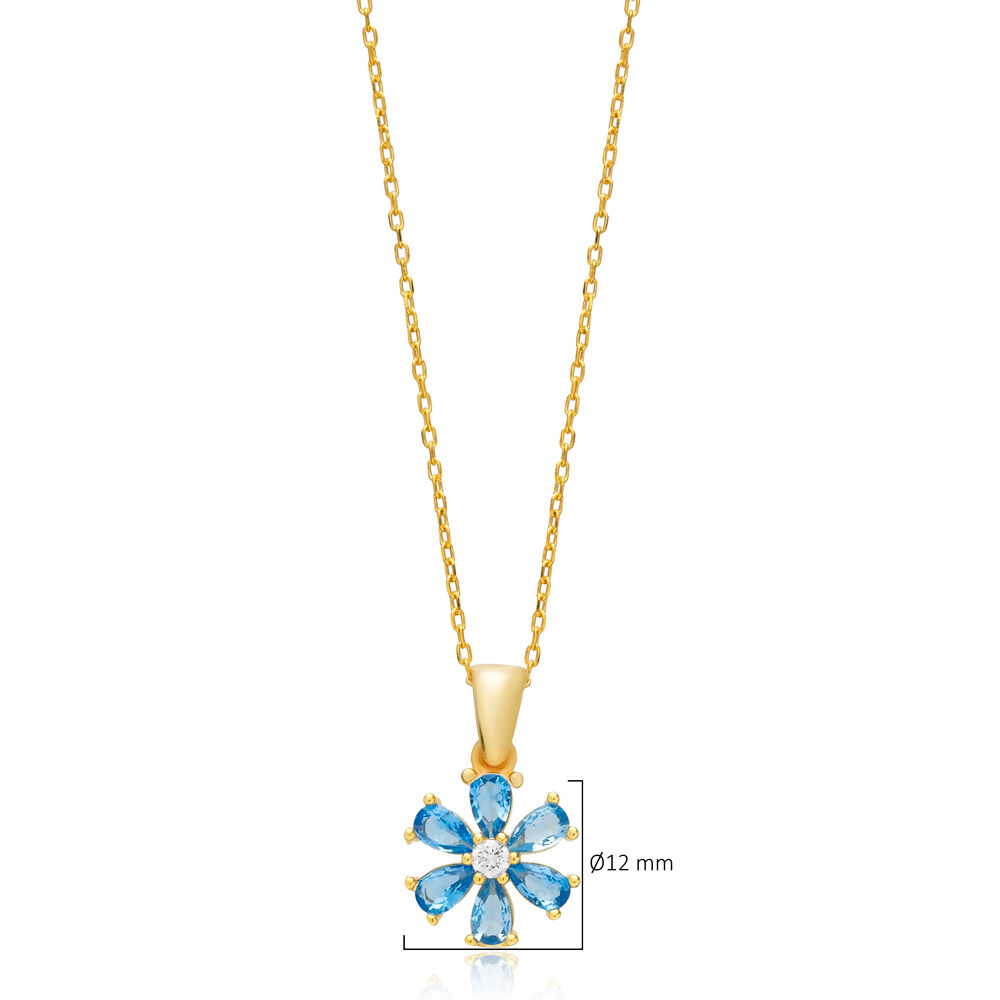 Aquamarine CZ Stone Flower Design Charm Necklace