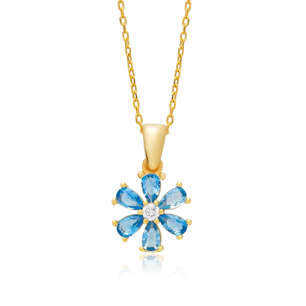 Aquamarine CZ Stone Flower Design Charm Necklace