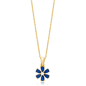 Sapphire CZ Stone Flower Design Charm Necklace