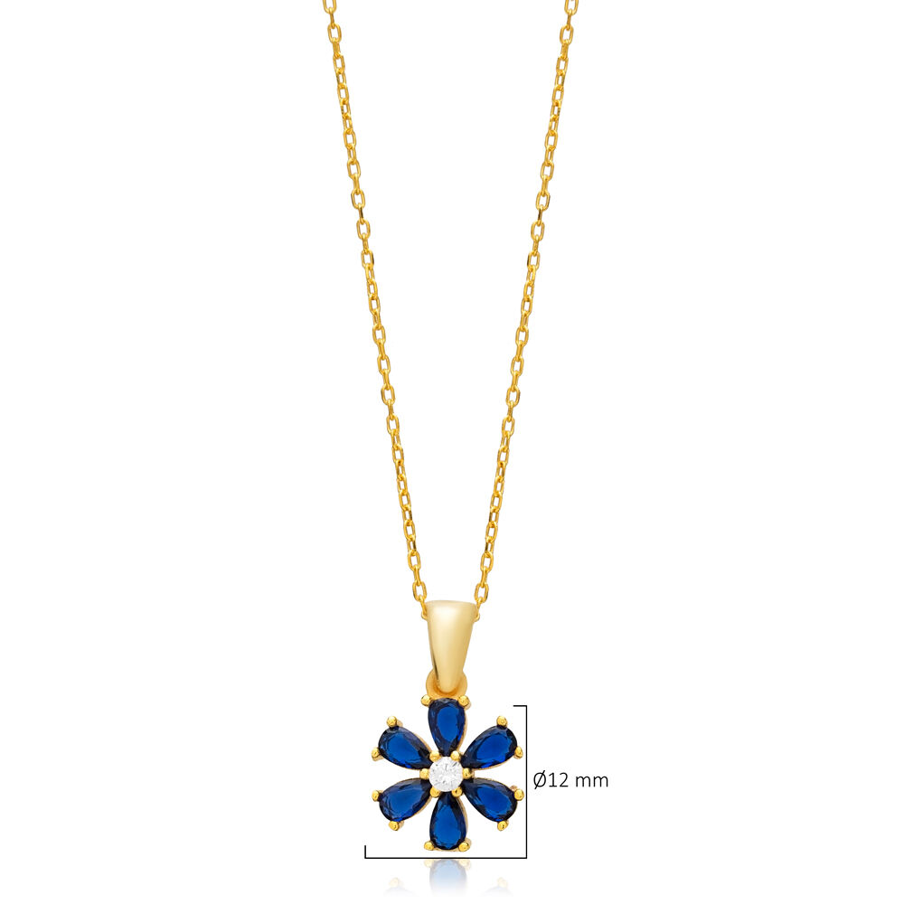 Sapphire CZ Stone Flower Design Charm Necklace