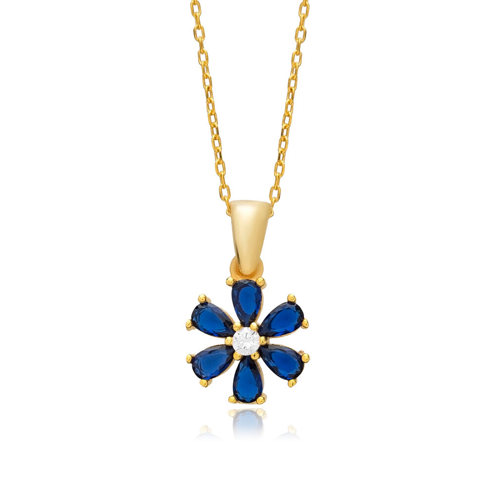 Sapphire CZ Stone Flower Design Charm Necklace