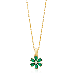 Emerald CZ Stone Flower Design Charm Necklace