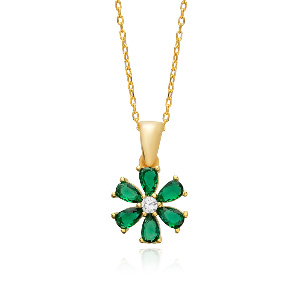 Emerald CZ Stone Flower Design Charm Necklace