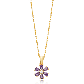 Amethyst CZ Stone Flower Design Charm Necklace