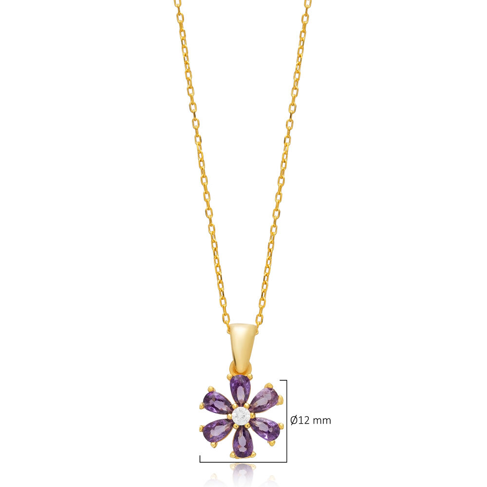 Amethyst CZ Stone Flower Design Charm Necklace