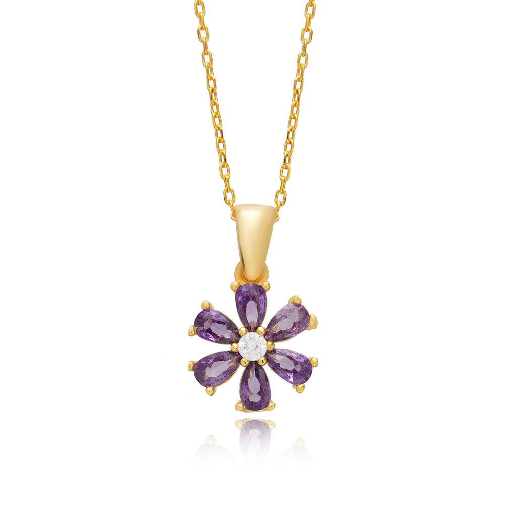 Amethyst CZ Stone Flower Design Charm Necklace