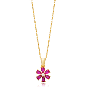 Ruby CZ Stone Flower Design Charm Necklace