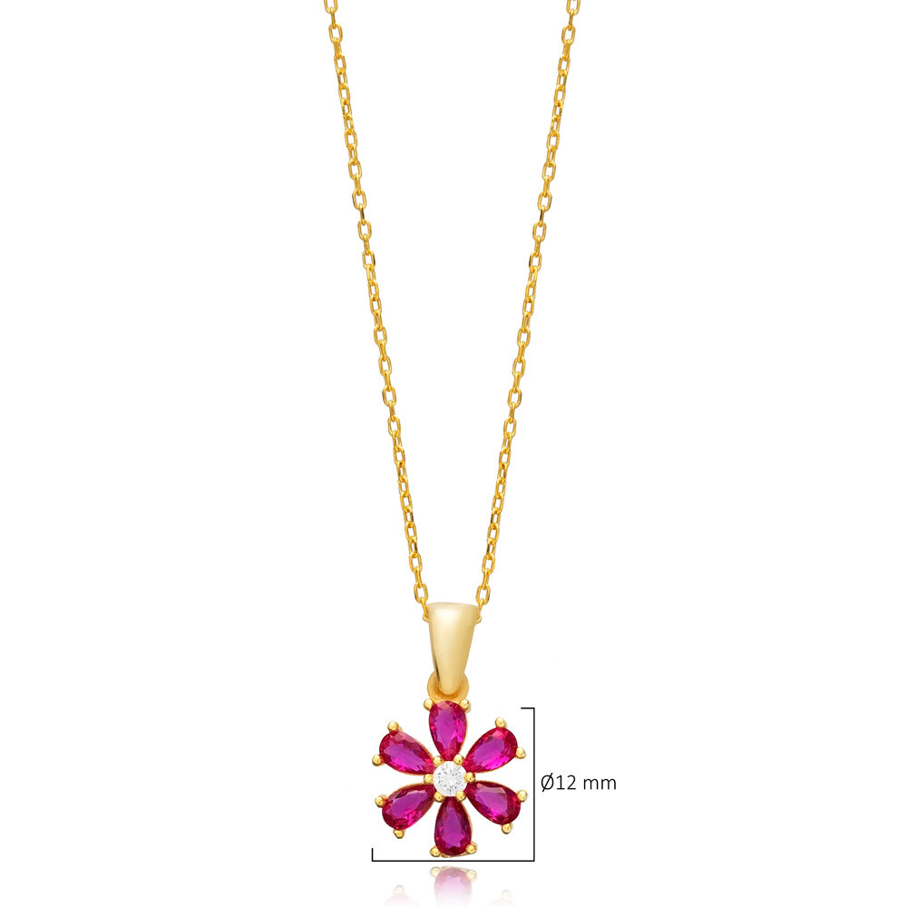 Ruby CZ Stone Flower Design Charm Necklace