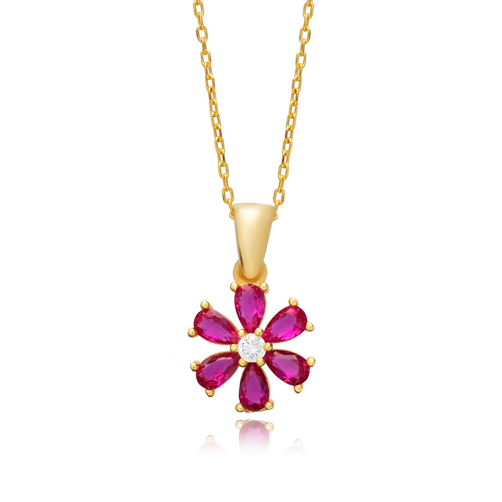 Ruby CZ Stone Flower Design Charm Necklace