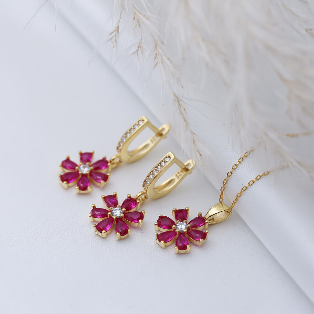 Ruby CZ Stone Flower Design Charm Necklace