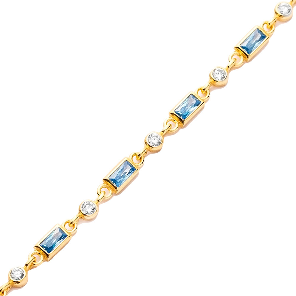 Aquamarine Baguette CZ Stone Handmade Silver Charm Bracelet