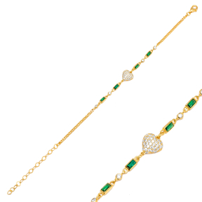 Emerald CZ Baguette Chain Heart Design Silver Charm Bracelet